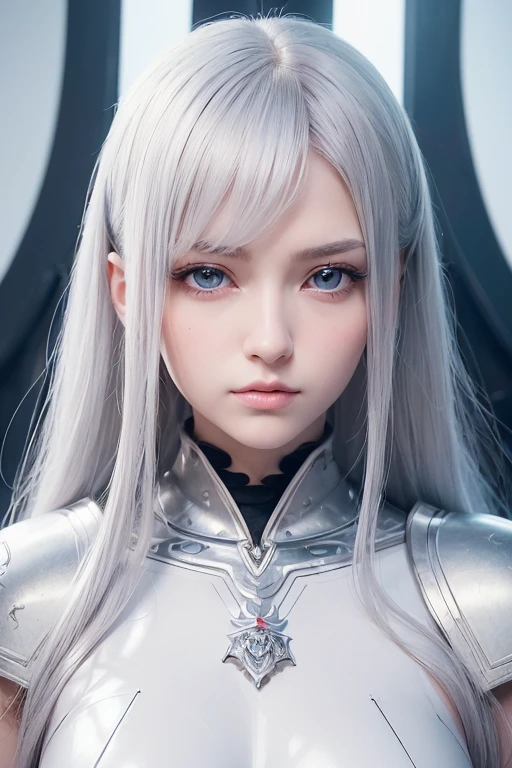 ((masterpiece:1.4, highest quality:1.2)), 1 girl, focus only, tall woman, delicate face, stern expression, Highly detailed anime faces and eyes, Beautiful white armor, hourglass illustration, gray hair, gradient hair, very long hair, red eyes, shining eyes, Facial Cyberware, Ready the plasma katana, impressive, futuristic setting, white background, profile,