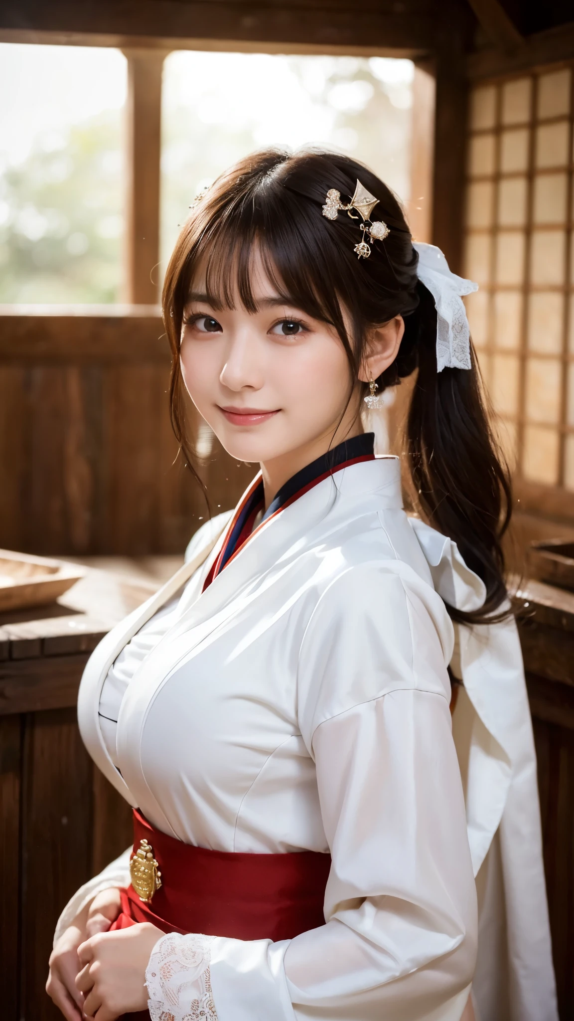 (highest quality,8K quality,masterpiece:1.3),(ultra high resolution,photorealistic:1.4,Live shooting),(Super detailed,caustics),(ultra-realistic capture,Beautifully detailed skin),(Shrine precincts),(white and red shrine maiden costume),18-year-old,Japanese,cute,black long hair,Low ponytail,Smiling and looking at the camera,big boobs,soft light,A ray of light shining from above,Natural light,