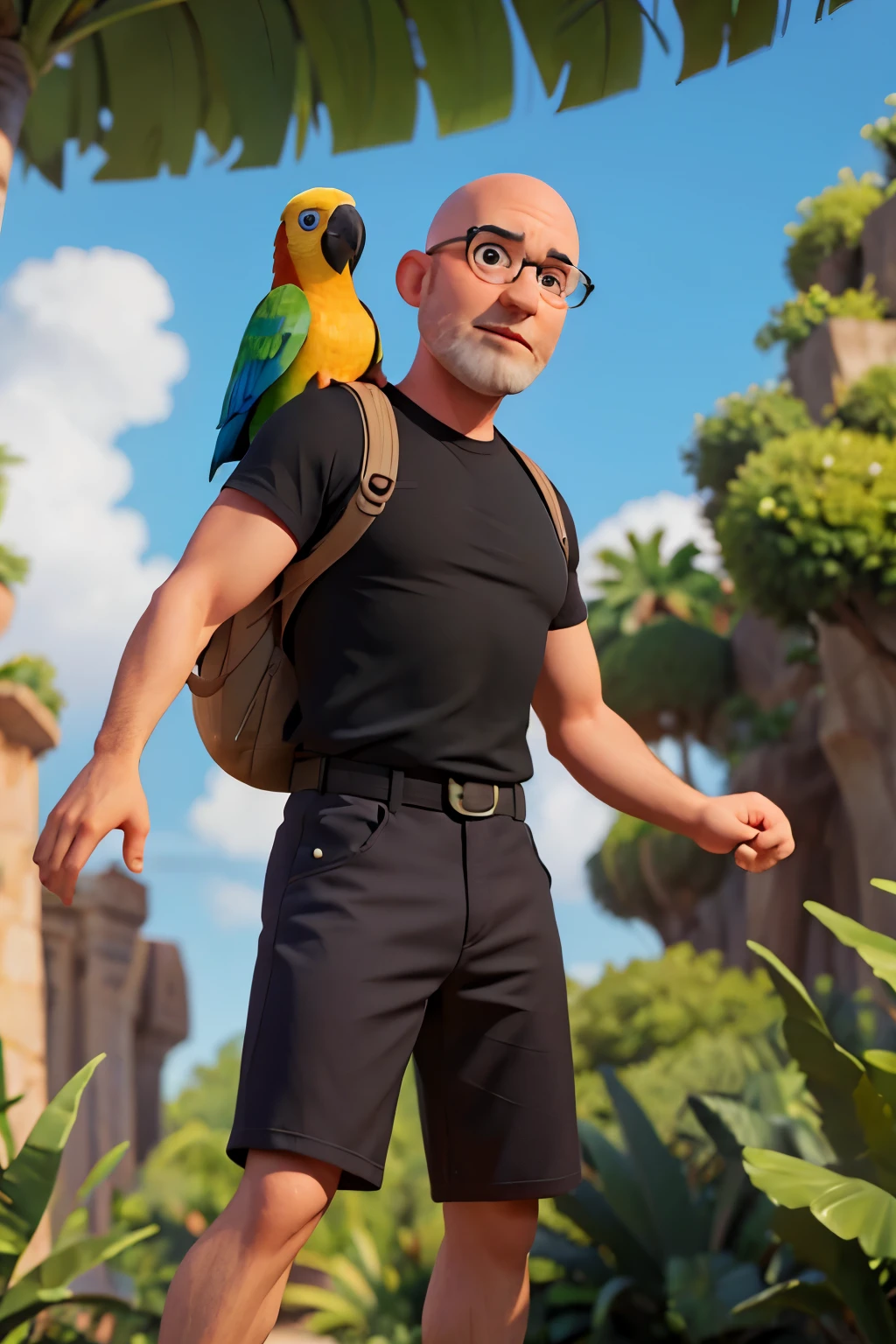 Craft a Disney Pixar-style character of a 4, average-weight, bald, lightly-bearded white man wearing stylish, slightly reflective glasses. He is donned in a black shirt with a backpack on his back. Accompanying him is a large, colorful parrot perched on his shoulder, set against a jungle backdrop.