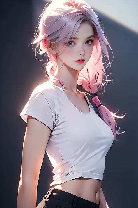 Realistic、1 girl、pink hair, tassel pigtails、thin waist,belly button,long eyelashes，dangling corner of the eye，white skin，I'm tak...