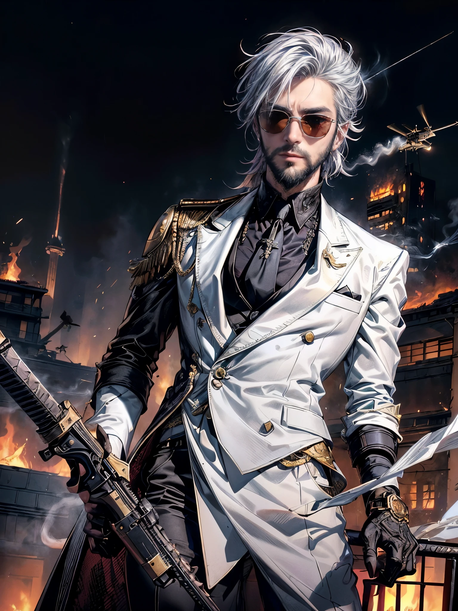 cinematic lighting,16k quality、super dense skin、Beautiful quality with attention to detail,cyberpunk、(Handsome young man with silver hair、beard、Detailed beautiful facial features:1.3)、(formal black business suit、white shirt、black suit slacks:1.2)(sunglasses、tobacco、Heavy Smoker:1.4).(point your weapon at me、point the long gun at me:1.4)Huge cross motif tie、on the roof、attack acrobatically、Predawn sky、The world of steampunk、(a helicopter is flying above、fire from building:1.3)