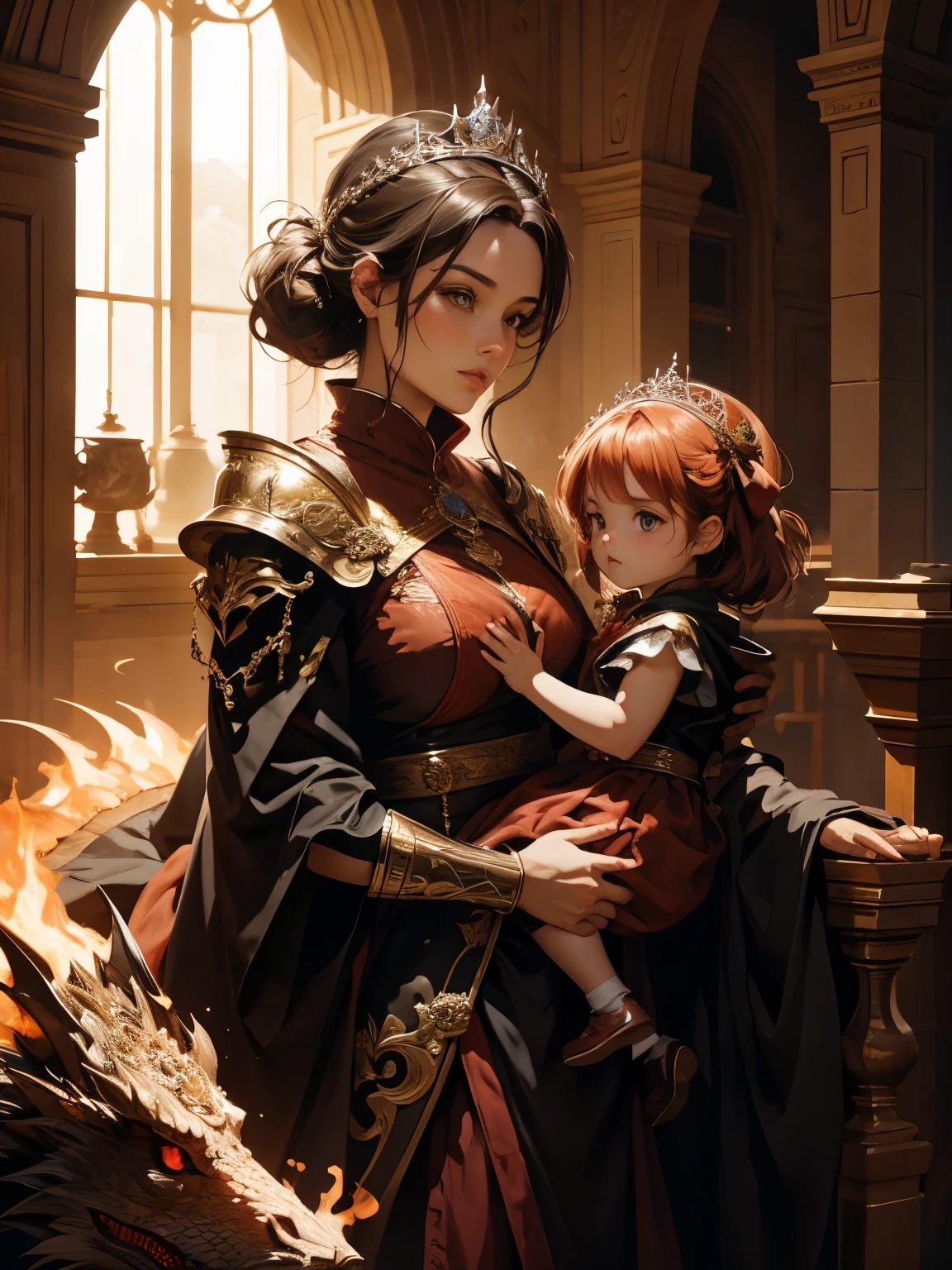 (melhor qualidade), (Alto detalhe), a linda rainha dos dragões com seu dragão mais amado segurando sua filha, (fogo vermelho 1:1), hdr, Ultra HD, 4K, 8K, 3D.