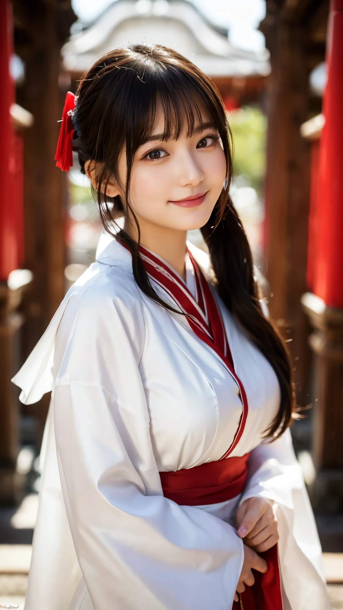 (highest quality,8K quality,masterpiece:1.3),(ultra high resolution,photorealistic:1.4,Live shooting),(Super detailed,caustics),(ultra-realistic capture,Beautifully detailed skin),(Shrine precincts),(white and red shrine maiden costume),18-year-old,Japanese,cute,black long hair,Low ponytail,Smiling and looking at the camera,big ,soft light,A ray of light shining from above,Natural light,