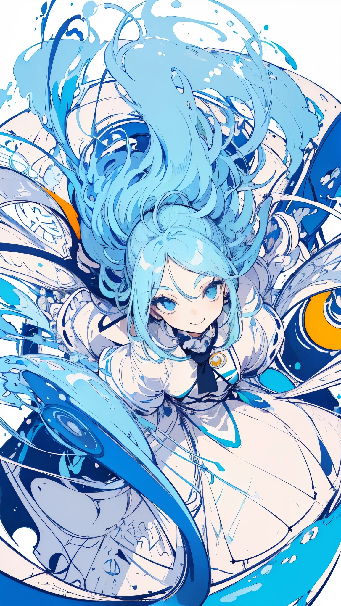 (masterpiece, highest quality, official art:1.2), (flat color:1.5),(colorful),light blue hair、light blue eyes、looking at the viewer,((1 girl)),alone, ((Super Smile)),white background, floating colorful water,(2D:1.5) 