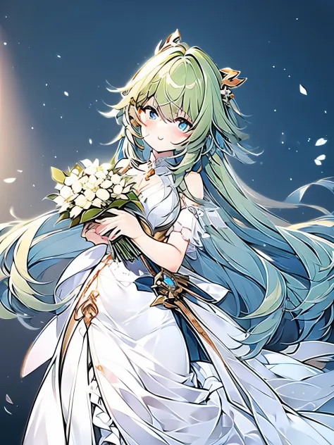 Green-haired girl with waist-length hair，blue eyes，The eyes look a bit like,White skin，Little fragrant dress，The dress is white，Holding a bouquet of flowers
