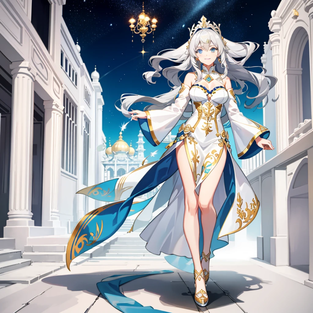 Silver wavy hair, blue eyes, gorgeous white long dress, reverent, beautiful woman, benevolent smile, headdress, gold shoes, anime, temple background, unexposed
