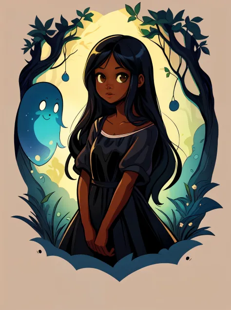 'beautiful illustration sweet little girl with dark skin and long black hair and a cute semi-transparent ghost in the style of a...