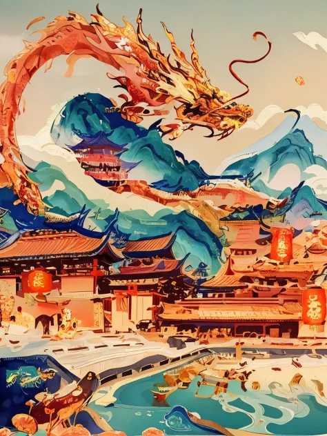 Dragon painting in front of building with mountains as background, Chinese watercolor style, Chinese dragon concept art, Chinese...