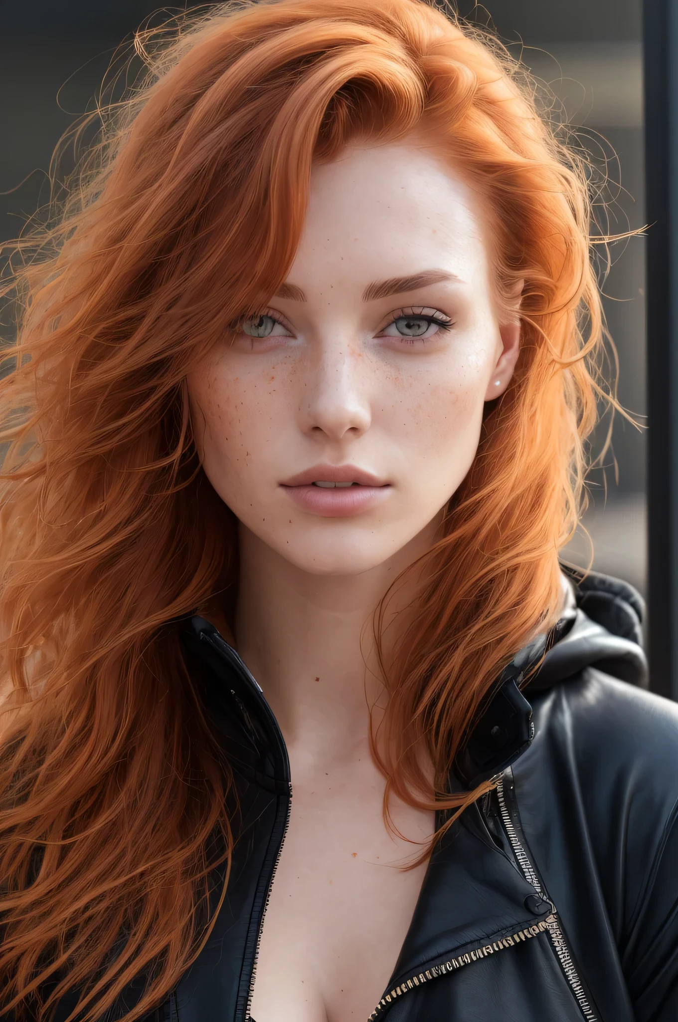 a photo of a seductive woman with loose styled (redhead hair:1.1), bored, she is wearing a hoodie and black leather jacket and leggings, mascara, (textured skin, skin pores:1.1), (moles:0.8), imperfect skin, goosebumps, flawless face, (light freckles:0.9), (sun-kissed:1.1), ((photorealistic):1.1), (raw, 8k:1.3), 