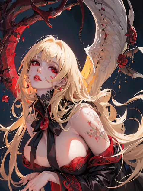(highest quality,4K,8K,High resolution,table top:1.2),super detailed,realistic,beautiful detailed red eyes,beautiful detailed lips,highly detailed face,long hair,1 girl,beautiful blonde girl,Fallen Angel Costume,,devilish,Charm,cheese, sports late, fine ey...