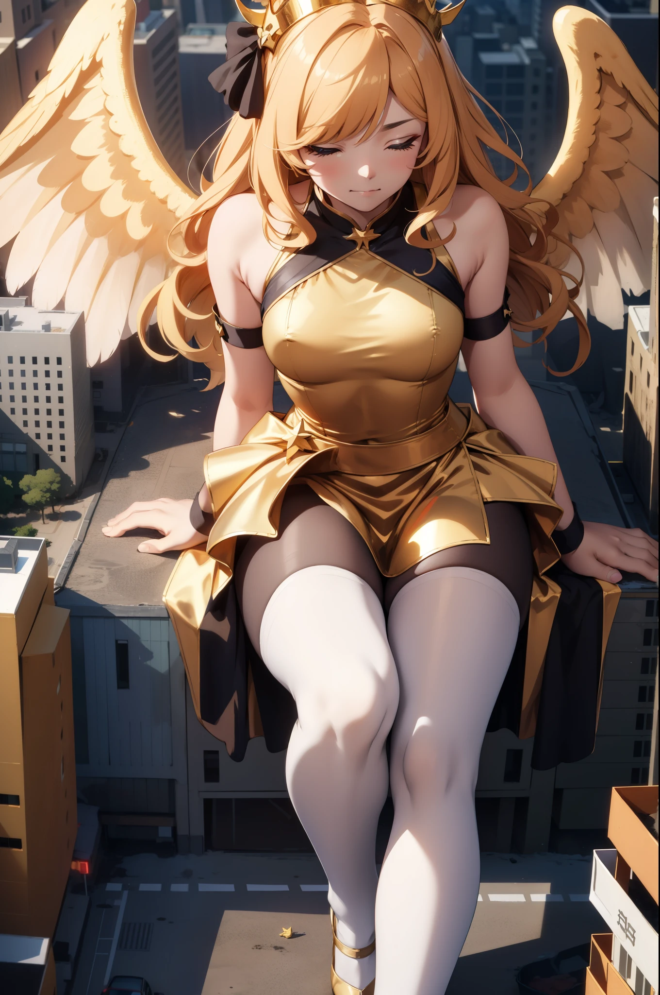 Aerial View，giant girl 50,000 feet high，Weight 1000kg，Has a pair of huge golden angel wings，With huge devil horns on his head，Has waist-length golden hair，loose hair，Big wavy blonde curls，Golden crown，Wearing a pair of gold Mary Jane heels，Gold lace gloves，gold lace pantyhose，Pantyhose with bow and star decorations，金色蕾丝whole body，Standing upright on a small city，Beautiful appearance，Exquisite makeup，quality，8k，高quality，Perfect proportion, Cinema lighting，film grain，Fuji colors，8k，textured skin，Super details，high detail，high resolution，fake smile，blood stains，脚底有blood stains，whole body，Obese，feather