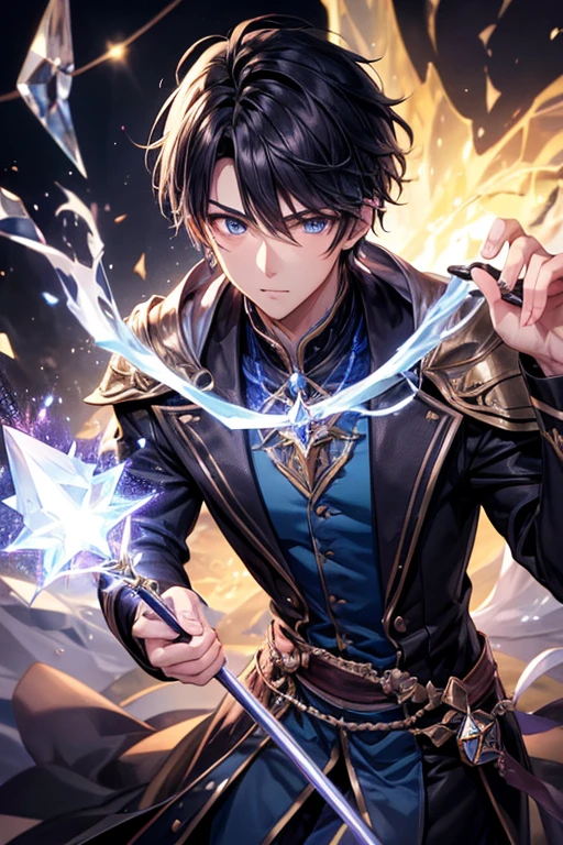 a handsome guy、wizard、20代の男性、wizardローブ、crystal、magic wand、evil atmosphere、Black short-haired、long sleeve、Uplifting、High resolution、In 8K、sharp focus、zoom、with the best image quality