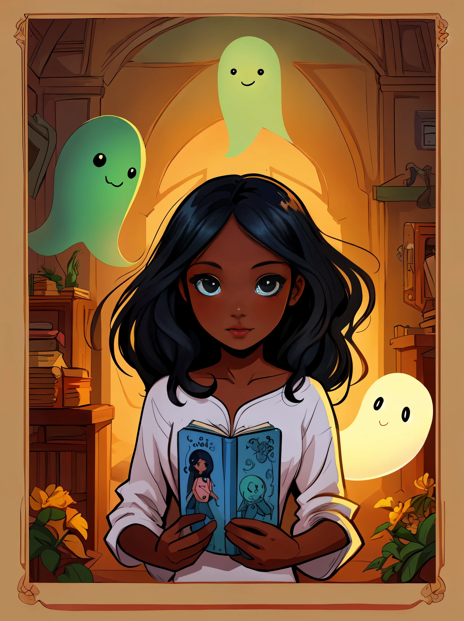'beautiful illustration sweet  with dark skin and long black hair and a cute semi-transparent ghost in the style of a children's book, graphic novel concept art, raw style 