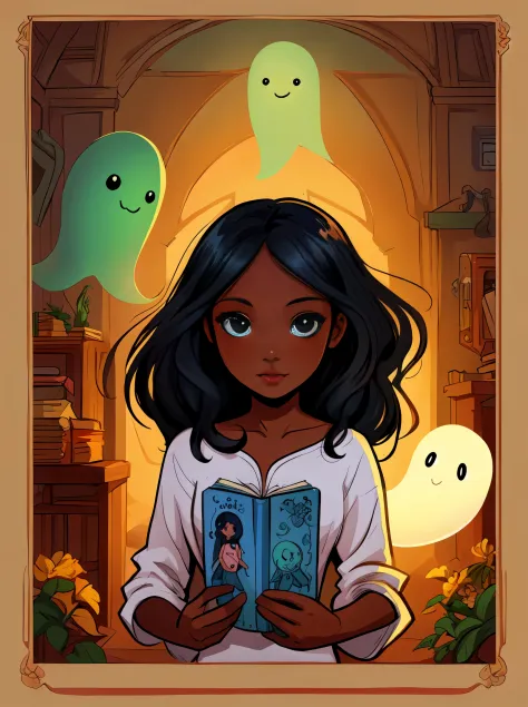 'beautiful illustration sweet little girl with dark skin and long black hair and a cute semi-transparent ghost in the style of a...