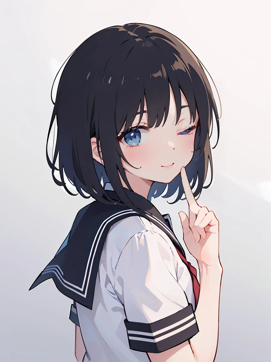 One girl, classical, straight medium cut black hair, one eye closed, put index finger on mouth, looking back, beautiful eyes, high quality, white skin,  {school uniform, short sleeve shirt}, looking back, put index finger on mouth, low saturation, portrait, fine line drawing, fine detail,