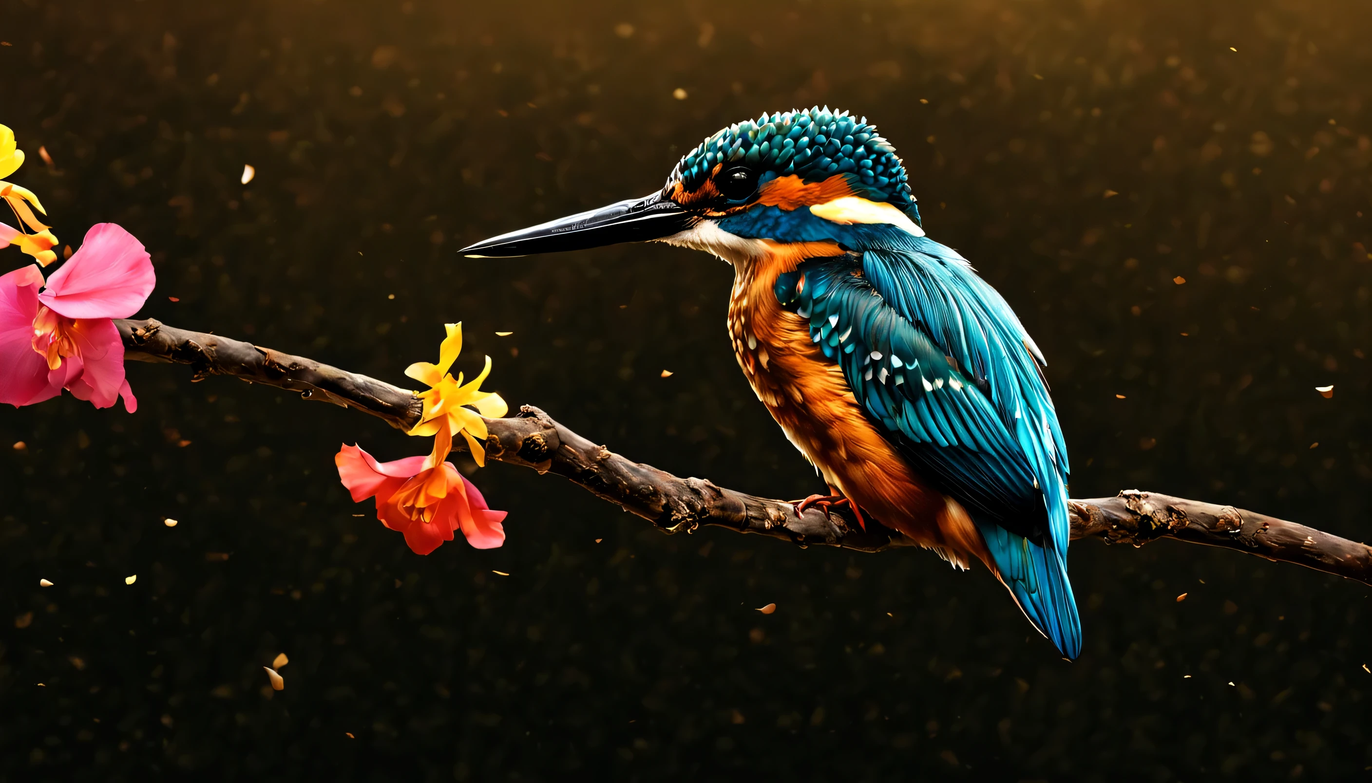 feels，See deeply， A brightly colored kingfisher stands on a branch covered with flowers ,Spiritual feels from National Geographic Magazine ，current ，Spiritual feels from National Geographic Magazine，petals falling