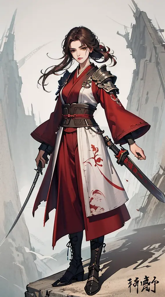 Chinese style, ancient battlefield, an ancient Chinese female general, holding a sword in her hand, grim expression, full body, ...