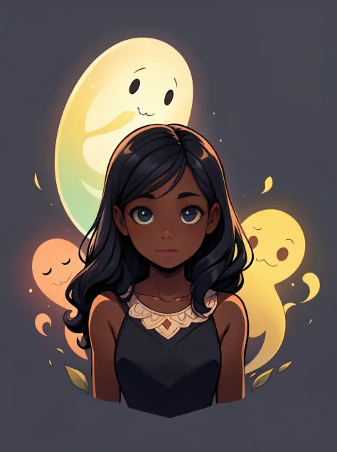'beautiful illustration sweet little black girl with dark skin and long black hair and a cute semi-transparent ghost in the styl...