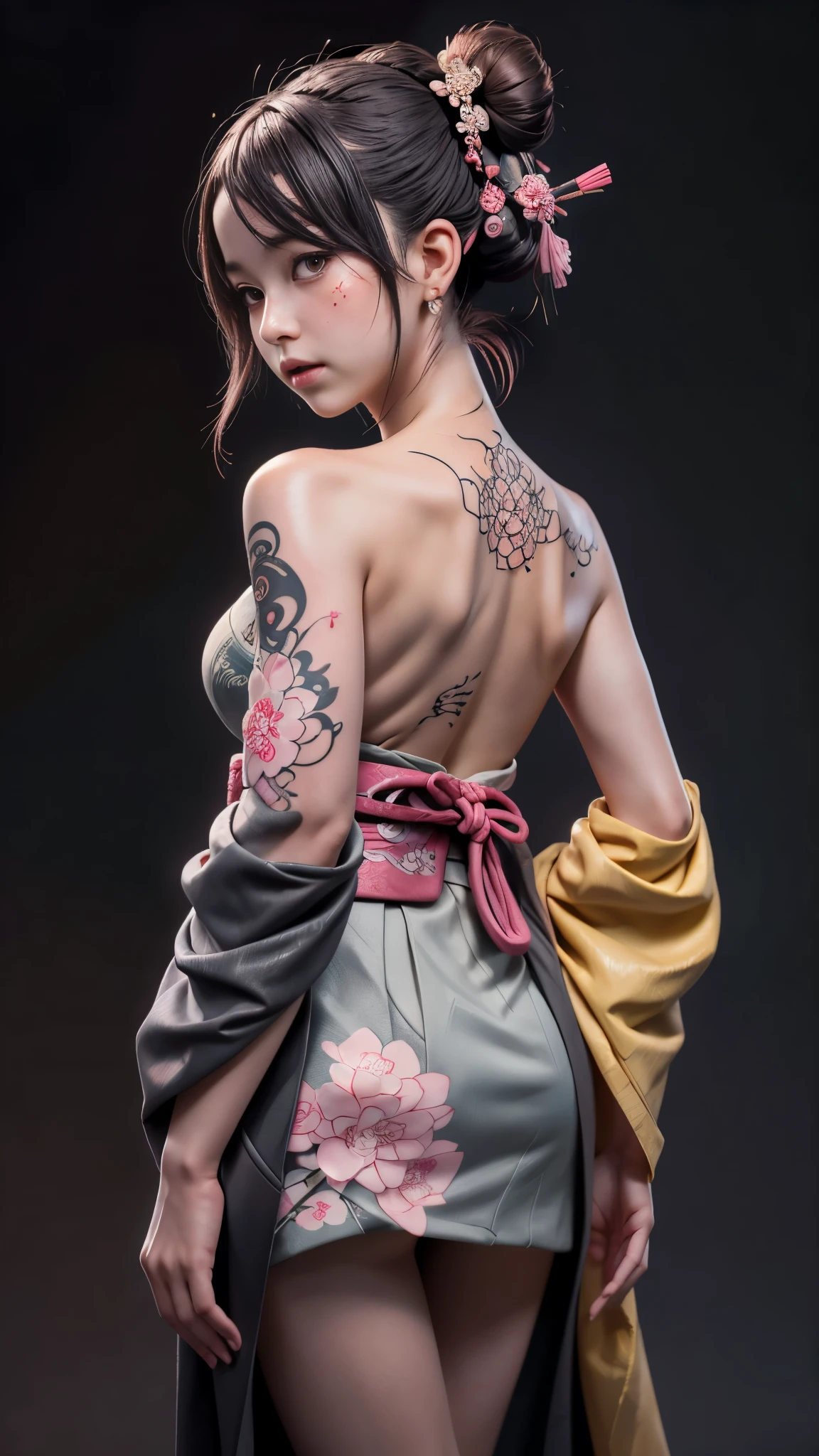 8k, masterpiece, (lifelike:1.5), artistic portrait of ((Beautiful Haruno Sakura) Wearing a kimono), Back and shank tattoos, ((Exposing Ukiyoe tattoo on back)), exposed face, bare shoulders, Exposing huge breasts, touch chamber, beautiful skin, slim figure, cute face, cute look, look at the audience, Dark brown bangs bun, Posing for photos, fog, backlight, dark gray background, dynamic lighting, Nature, artistic