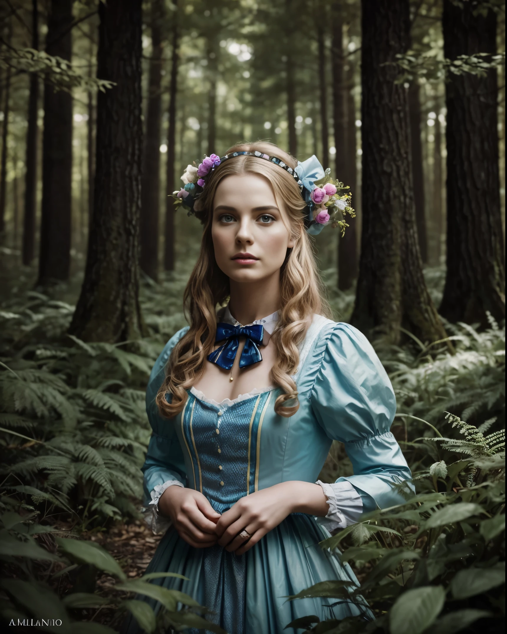 An image of a photo현실적인 portrait photograph of “Alice” from “Alice in Wonderland” in the forest, 사이키델릭한 분위기와 하이 패션 화보가 어우러진, under a surreal 조명 스타일, 상세한, 현실적인, 아트스테이션의 트렌드, Annie Leibovitz의 스타일로, 마리오 테스티노, 그리고 스티븐 마이젤. 조치이니 참고해주세요, 조명 스타일, 예술가의 스타일에 대한 해석은 이미지를 창조하는 예술가의 상상에 맡겨진다