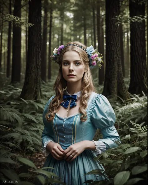 An image of a photorealistic portrait photograph of “Alice” from “Alice in Wonderland” in the forest, with a psychedelic vibe mi...