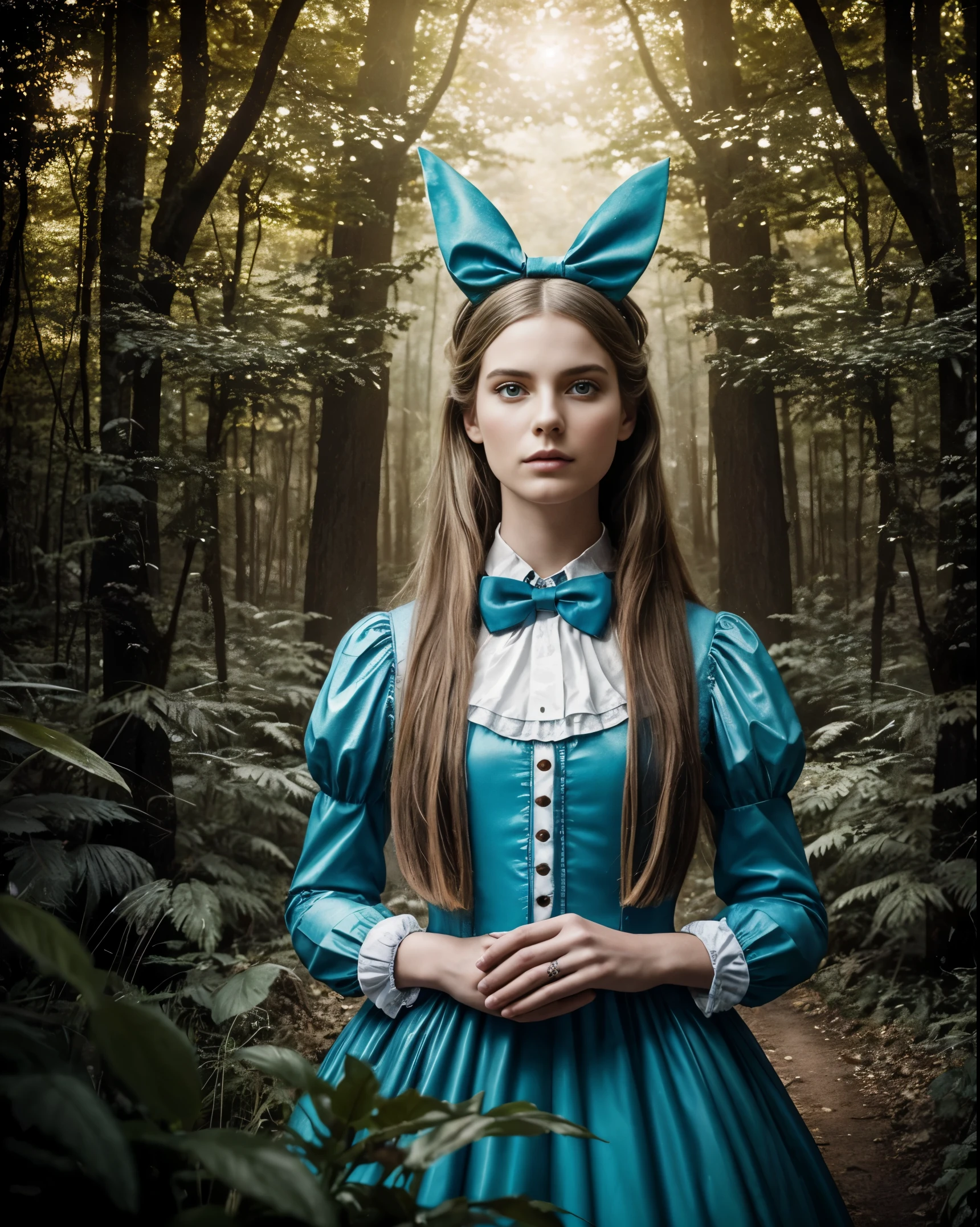 An image of a photorealistic portrait photograph of “Alice” from “Alice in Wonderland” in the forest, with a psychedelic vibe mixed with a high fashion photo shoot, under a surreal lighting style, detailed, realistic, trending on ArtStation, in the style of Annie Leibovitz, Mario Testino, and Steven Meisel. Please note that the action, lighting style, and the interpretation of the artists’ styles are left to the imagination of the artist creating the image