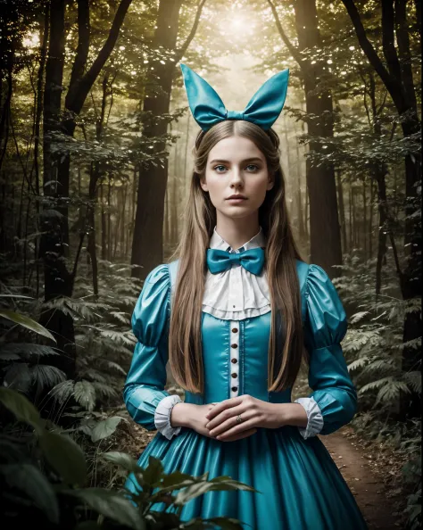An image of a photorealistic portrait photograph of “Alice” from “Alice in Wonderland” in the forest, with a psychedelic vibe mi...