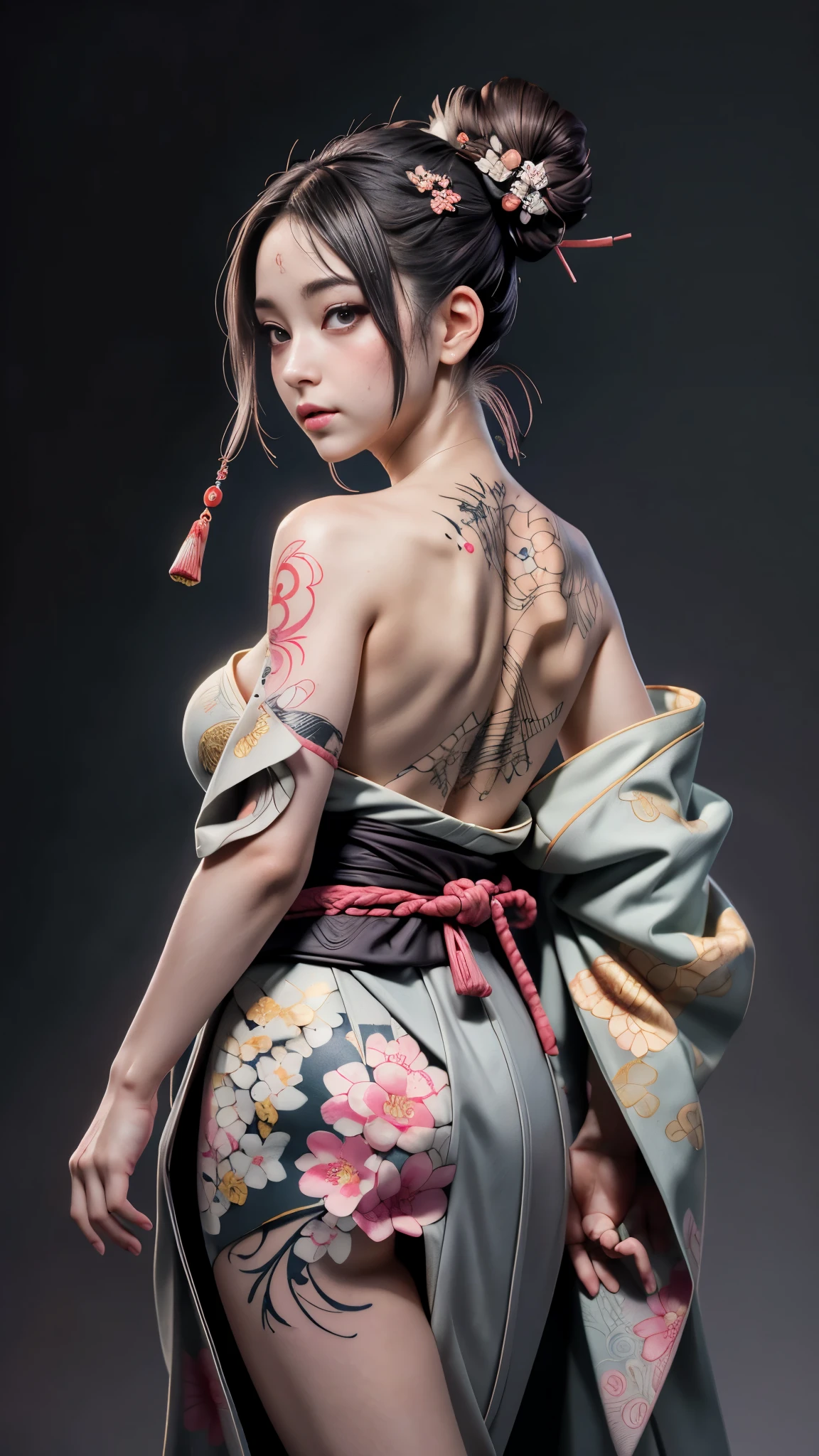 8k, Meisterwerk, (lebensecht:1.5), künstlerisch portrait of ((Wunderschöne Haruno Sakura) einen Kimono tragen), Rücken- und Unterschenkeltattoos, ((Freiliegendes Ukiyoe-Tattoo auf dem Rücken)), freiliegendes Gesicht, nackten Schultern, riesige Brüste entblößen, Berührungskammer, schöne Haut, schlanke Figur, niedliches Gesicht, süßer Blick, schau dir das Publikum an, Dunkelbrauner Pony-Dutt, Posieren für Fotos, Nebel, Hintergrundbeleuchtung, dunkelgrauer Hintergrund, dynamische Beleuchtung, Natur, künstlerisch