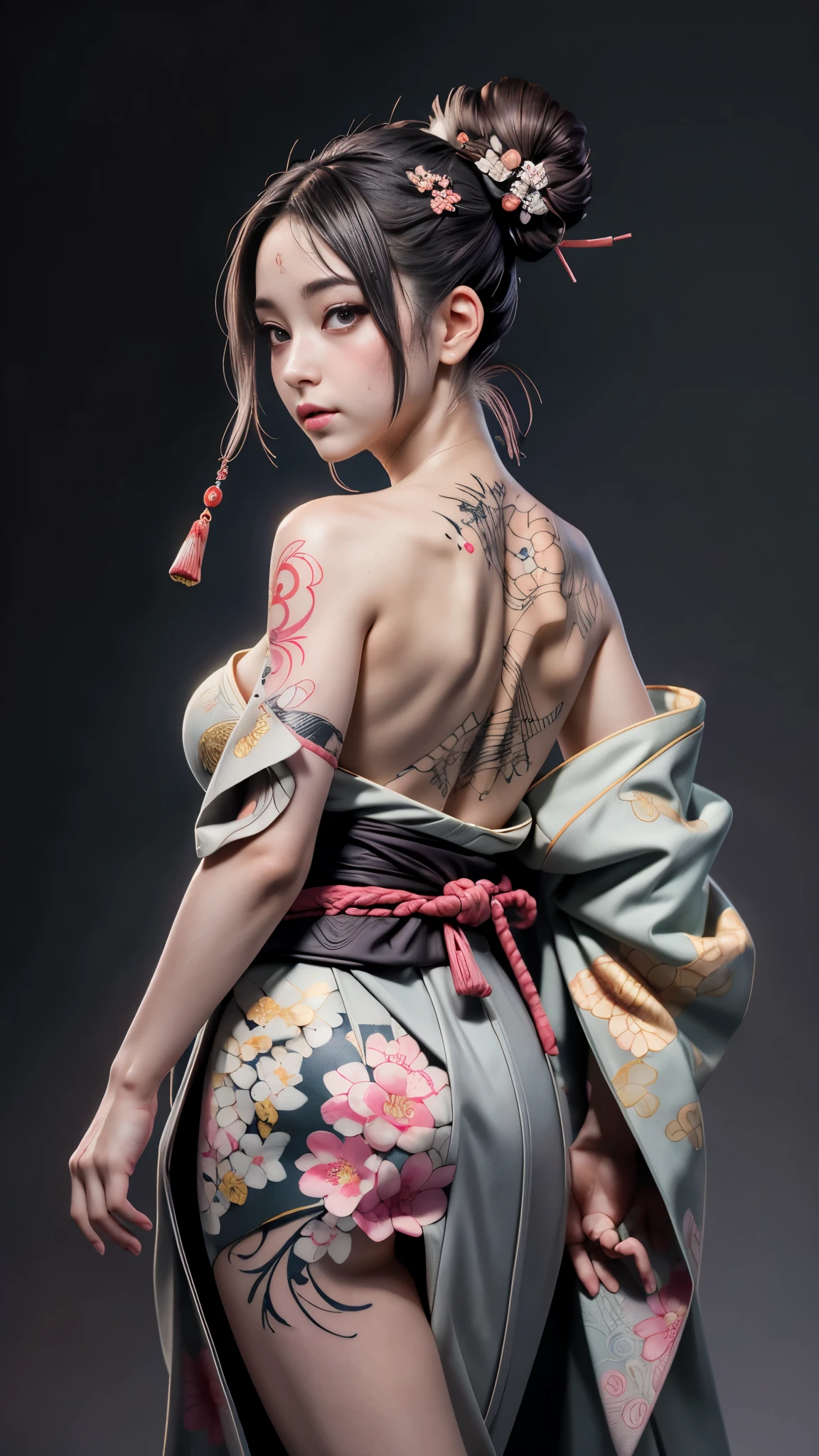 8K, 傑作, (逼真:1.5), 艺术的 portrait of ((美麗的春野櫻) 穿和服), 背部和小腿紋身, ((露出背部浮世繪紋身)), 暴露的臉, 裸露的肩膀, 露出巨大的乳房, 觸摸室, 美麗的肌膚, 苗條的身材, 可愛的臉孔, 可愛的樣子, 看看觀眾, 深棕色瀏海髮髻, 擺好姿勢拍照, 多霧路段, 背光, 深灰色背景, 動態照明, 自然, 艺术的