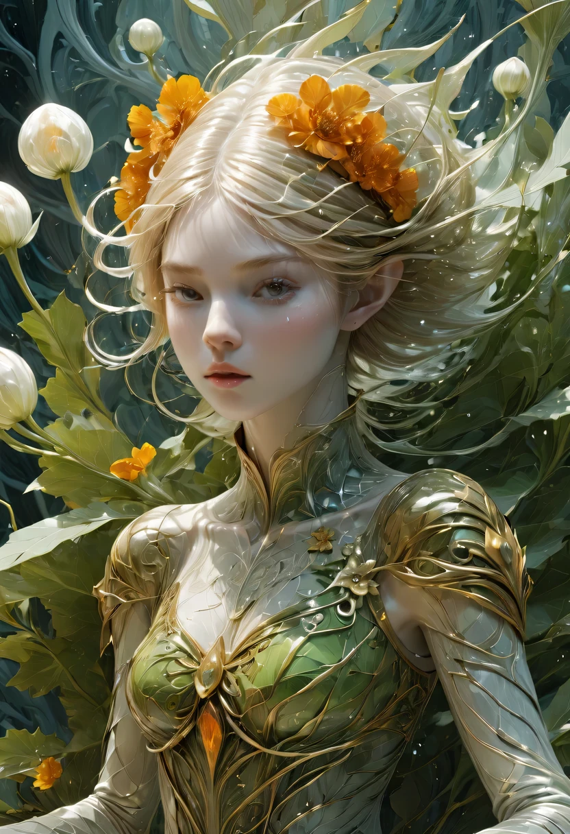 Rainha Guerreira Elfa uma linda carta de tarô, magia fractal, Ilustrações no estilo de Travis Charest, linhas de tinta, poster, Modelo Elle Fanning, Sociedade CG do Japão, arte de fantasia, detalhado illustration, Mistério, Obra-prima botânica, detalhado, Surrealismo, Elements of symbolism and Surrealismoism, projeto complexo, entrelaçado, Mulher bonita, Flores, Macio.