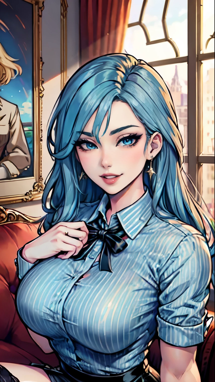 Masterpiece, raw,  beautiful art, professional artist, 8k, art style by sciamano240, very detailed face, very detailed hair, 2 girls, perfectly drawn body, beautiful face, long hair, light blue hair , very detailed blue eyes, pouty lips , rosey cheeks, intricate details in eyes, grin, looking directlt at viewer , wearing office clothes , pencil skirt, black dior thigh boots, open pinstripe shirt, in love with viewer expression, wedding ring , lipstick, hotel setting, posing next to window, close up on face, 