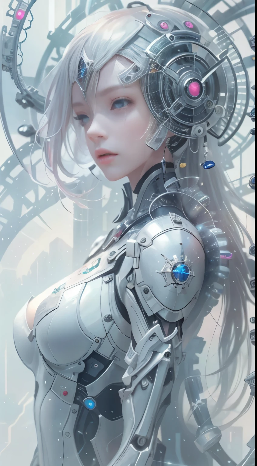 Translucent ethereal mechanical girl，Futuristic girl，Mechanical joint，futuristic city background