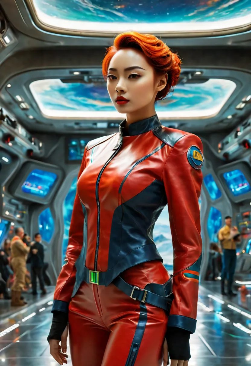 A full-body portrait of a 24-year-old female starship captain in a futuristic sci-fi setting, emphasizing her entire figure and ...