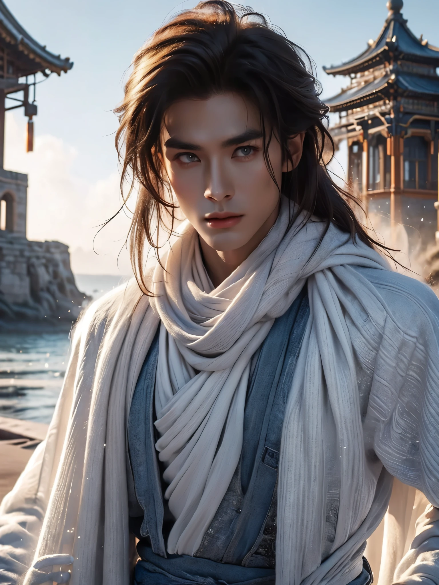 in style of Delphin Enjolras, character concept design, close up， (male character design），（gazing at the camera），（Messy white long hair）,（Pan An, a handsome Chinese man gazing affectionately, is flying in the clouds：1.37），（Pan An wears modern and fashionable men&#39;s blue sweater suit pants：1.37），Pan An’s skin is fair and flawless，The bridge of his nose is high and straight，(long,Messy shawl hair：1.1），（double eyelids, Bright Eyes, Big clear and bright eyes），sad prince，Food with red lips and white teeth，gentle melancholy，Pan An is tall and tall.，He has a strong physique，Toned muscles，Fresh and toned abs, His exquisite facial features，Kingly style， （Main color blue：0.8）