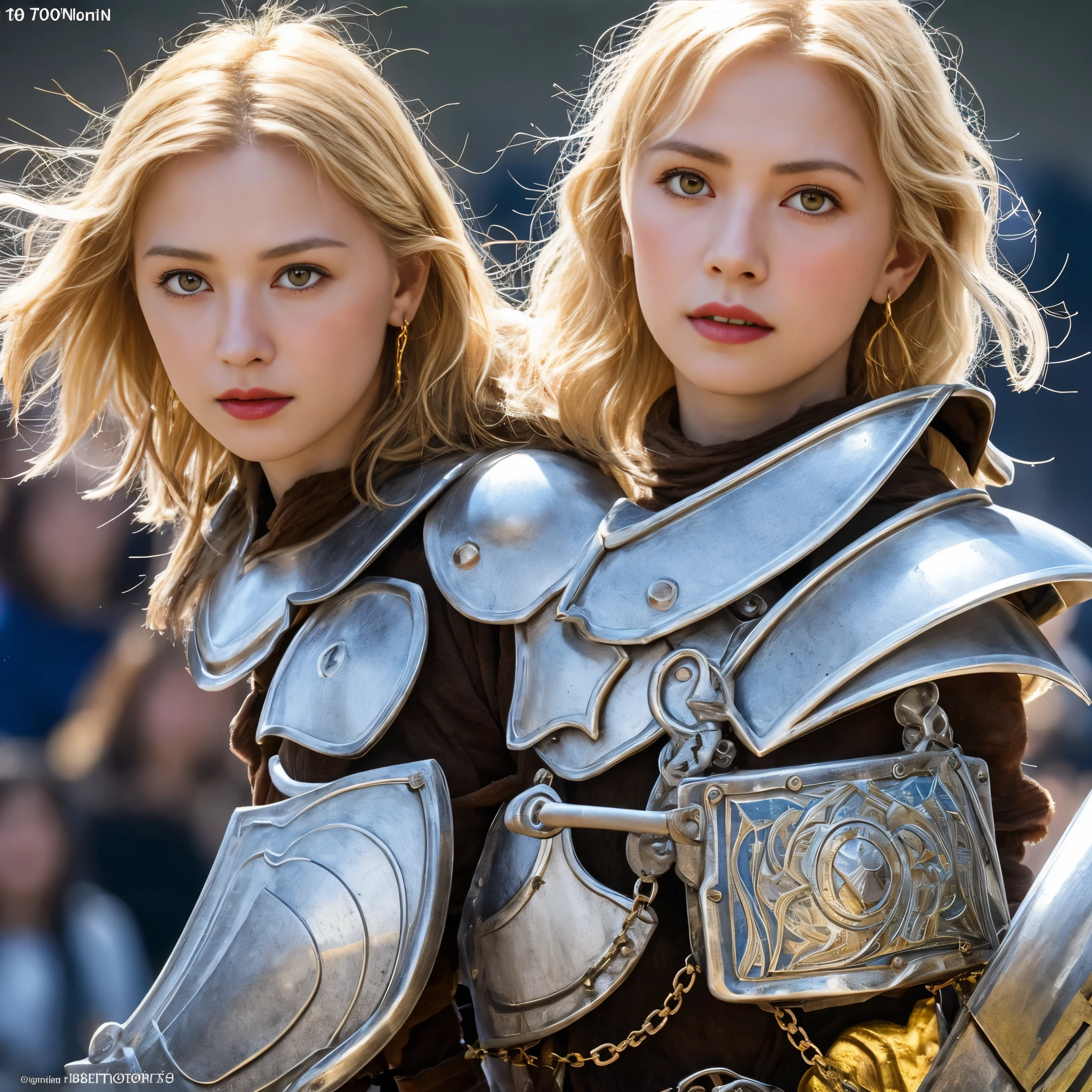 1 girl, Middle Earth Paladin ,Wearing armor ,Magic sword and powerful shield, Detail armor, Rusty armor, chain armor, Queen's Crown, Fight goblins to protect innocent villagers, witch, short, thin, square face, olive skin, platinum blonde, golden eyes, short Nose, thin Lips, round chin, Shoulder length hair, curls, blunt bangs, soft breasts, hug earrings, lavender satin lipstick, volcanic wasteland, River of fire flows into molten sea, (close up:1), (look at the audience),8k, (best quality:1.2), (masterpiece:1.37), (photo, photorealistic:1.37), (ultra high resolution), photographed by Canan EOS R6, 135mm, 1/1/2.8, ISO 400