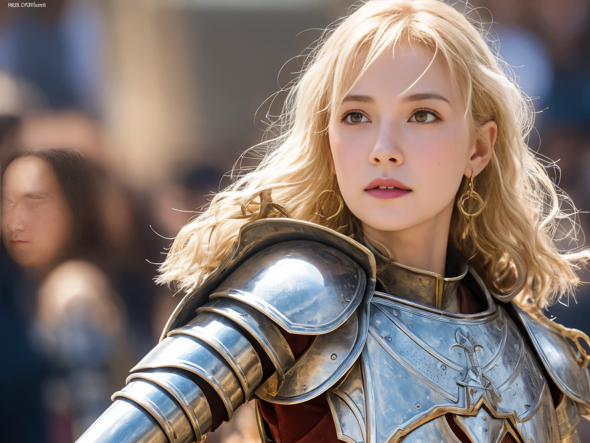 1 girl, Middle Earth Paladin ,Wearing armor ,Magic sword and powerful shield, Detail armor, Rusty armor, chain armor, Queen's Crown, Fight goblins to protect innocent villagers, witch, short, thin, square face, olive skin, platinum blonde, golden eyes, short Nose, thin Lips, round chin, Shoulder length hair, curls, blunt bangs, soft breasts, hug earrings, lavender satin lipstick, volcanic wasteland, River of fire flows into molten sea, (close up:1), (look at the audience),8k, (best quality:1.2), (masterpiece:1.37), (photo, photorealistic:1.37), (ultra high resolution), photographed by Canan EOS R6, 135mm, 1/1/2.8, ISO 400