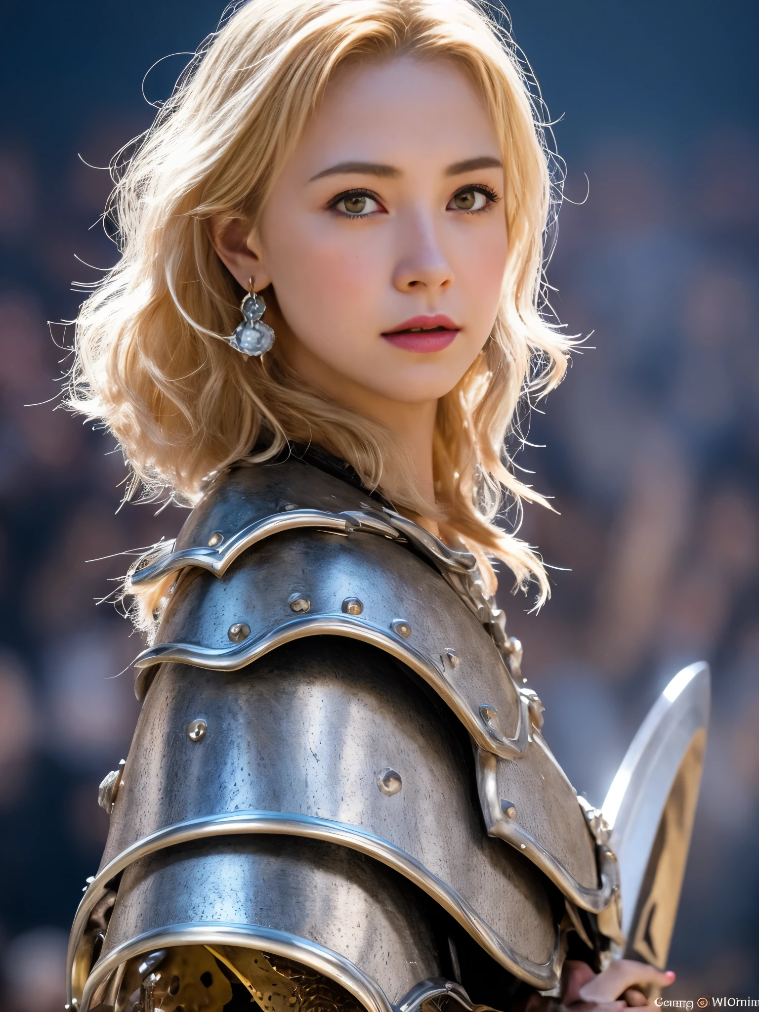 1 girl, Middle Earth Paladin ,Wearing armor ,Magic sword and powerful shield, Detail armor, Rusty armor, chain armor, Queen's Crown, Fight goblins to protect innocent villagers, witch, short, thin, square face, olive skin, platinum blonde, golden eyes, short Nose, thin Lips, round chin, Shoulder length hair, curls, blunt bangs, soft breasts, hug earrings, lavender satin lipstick, volcanic wasteland, River of fire flows into molten sea, (close up:1), (look at the audience),8k, (best quality:1.2), (masterpiece:1.37), (photo, photorealistic:1.37), (ultra high resolution), photographed by Canan EOS R6, 135mm, 1/1/2.8, ISO 400