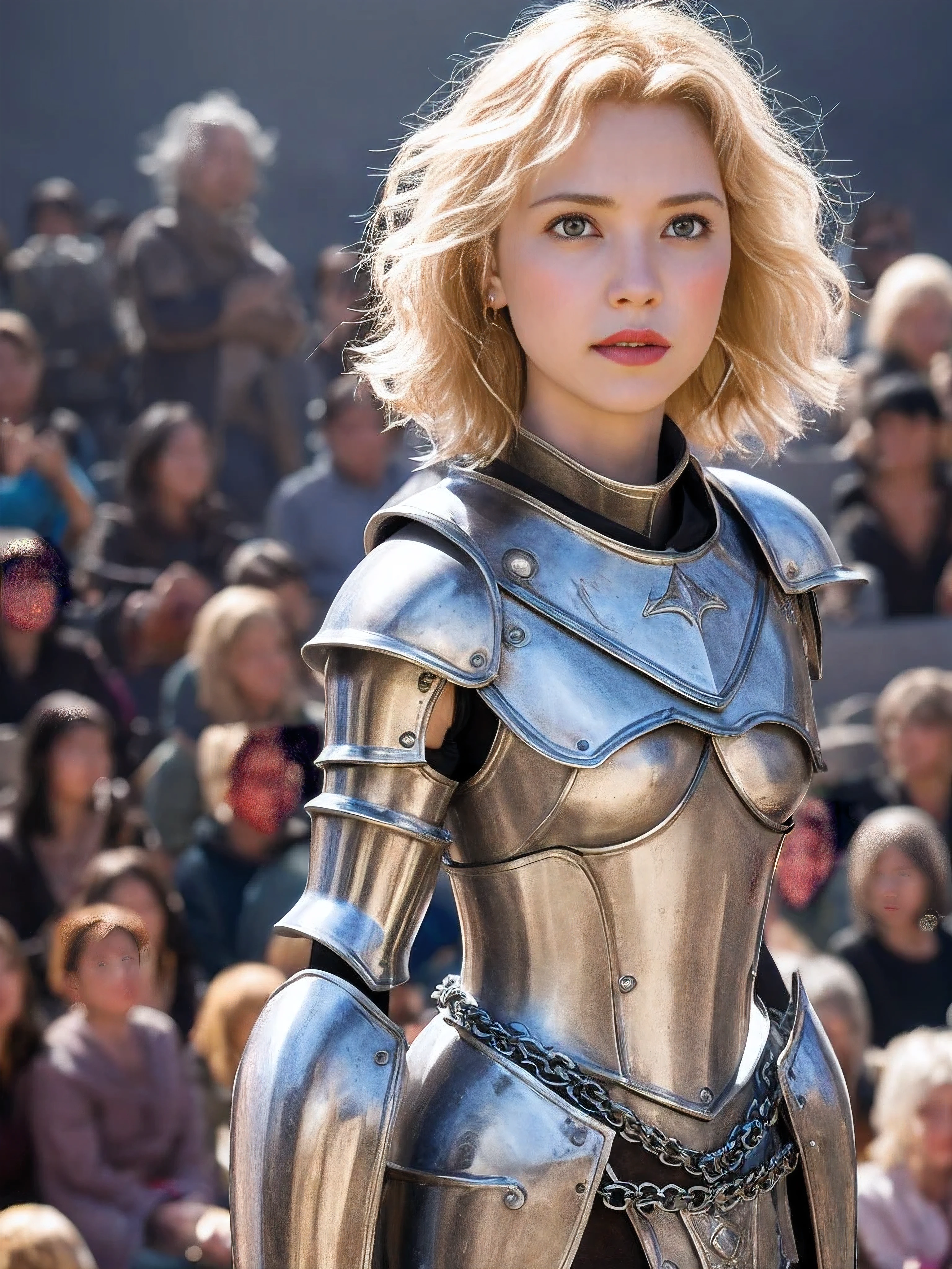 1 girl, Middle Earth Paladin ,wearing armor ,Magic sword and powerful shield, Detail armor, Rusty armor, chain armor, The Queen's Crown, Fight goblins to protect innocent villagers, witch, short, thin, square face, olive skin, Platinum blonde, golden eyes, short Nose, thin Lips, round chin, Shoulder length hair, curls, blunt bangs, soft breasts, Hug earrings, lavender satin lipstick, volcanic wasteland, River of fire flows into molten sea, (close up:1), (look at the audience),8k, (best quality:1.2), (masterpiece:1.37), (photo, photorealistic:1.37), (ultra high resolution), photographed by Canan EOS R6, 135mm, 1/1/2.8, ISO 400