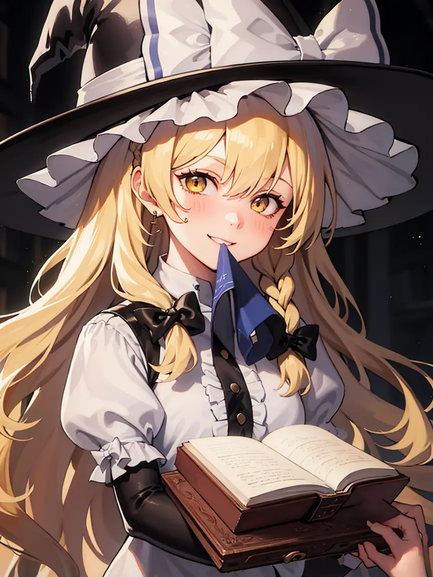 kirisame_marisa_touhou, blonde_hair, long_hair, hat, witch_hat, bow, yellow_eyes, braid, single_braid, hat_bow, smile, hair_bow,...