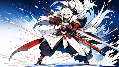 high quality, masterpiece, super detailed, white fox samurai, long white hair, charming blue eyes, holding katana, japanese-styl...