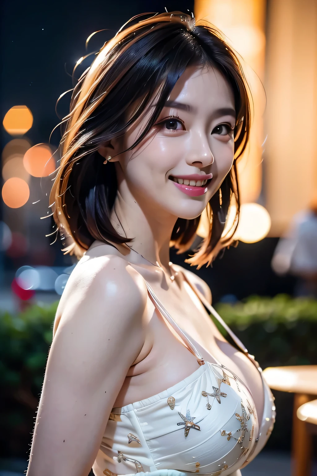 ((1 Ultimate Beautiful Japan Woman)), alone,middle aged,fine eyes,detailed lips,fine eyes,double eyelid,beautiful teeth,
Shiny bob hair,
(cowboy shot),
grin and laugh,
(pale yellow wrap maxi dress),Earing,
big breasts,
long eyelashes,
(eye shadow),
break
((Bokeh,night):1.37),4k wallpaper,(masterpiece),(realistic),(フォトrealistic),
High resolution,