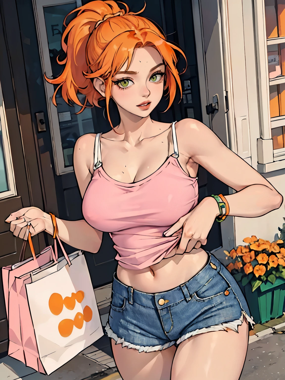 ((orange hair)), green eyes, long half-up hair, bust, ((full lips)), ((masterpiece)), ((detailed)), ((pink camisole)), ((open jean shorts)), ((best quality)), ((outside shopping)), big breasts, ((bright)), (pretty eyes), looking at viewer