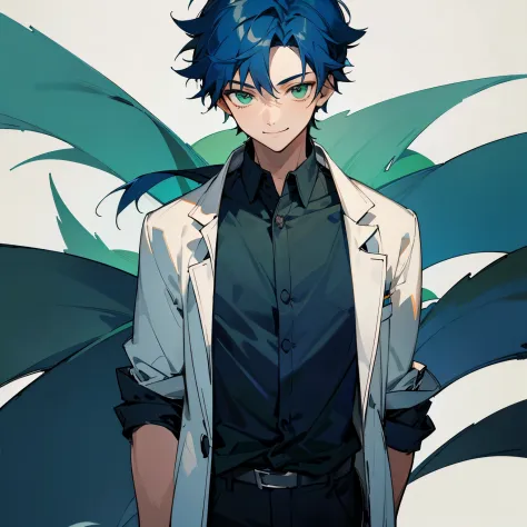 1 boy, 15 year old boy, dark blue hair, green eyes, casual cloth, smile 
