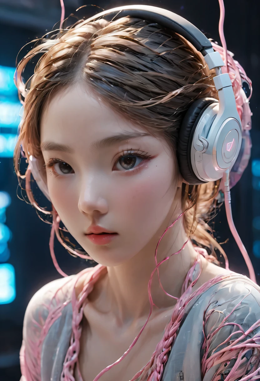 ​Masterpiece, 1 beautiful girl, exquisite eyes, Swollen eyes, top quality, 超high resolution, (Reality: 1.4), Light, Japanese, an Asian beauty, very very beautiful, charming、beautiful skin, The slender one, lean over, (Super reality), (high resolution), (8K), (Very detailed), ( Best Illustration), (Beautiful exquisite eyes), (super detailed), Detailed faces, Bright Light, professional Lighting、In the background is a cyberpunk room，There are many monitors...........、The rope is fixed from the clothes、Long hair color pink、Wear headphones on your head、small tattoo on face、north african trade zone、Gaze at the viewer