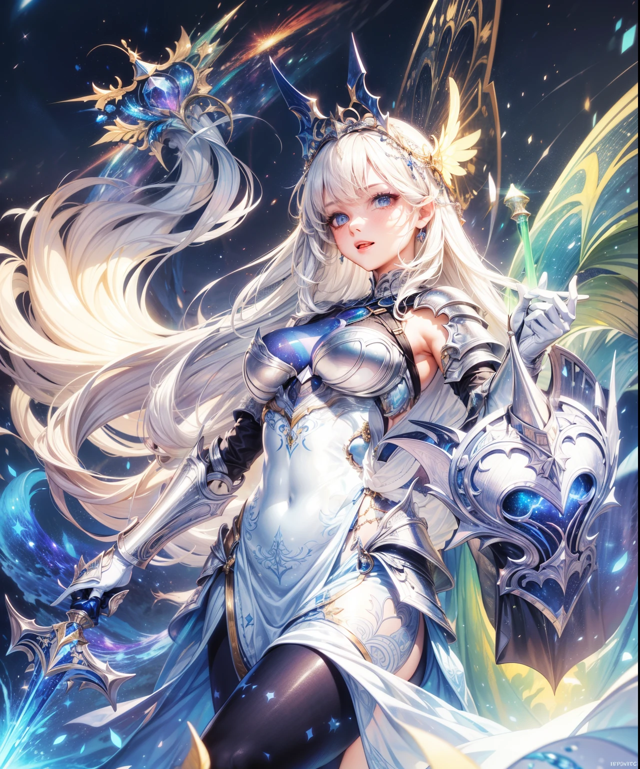Bust ((from face to the waist)) Beauty girl in hyperrealistic detailed tight ornad elegant knight armor, detailed sharp galaxy glowing eyes, ((with glowing colorful fringe)), cinematic illumination 8k, (masterpiece), sharp focus, holding a great sword