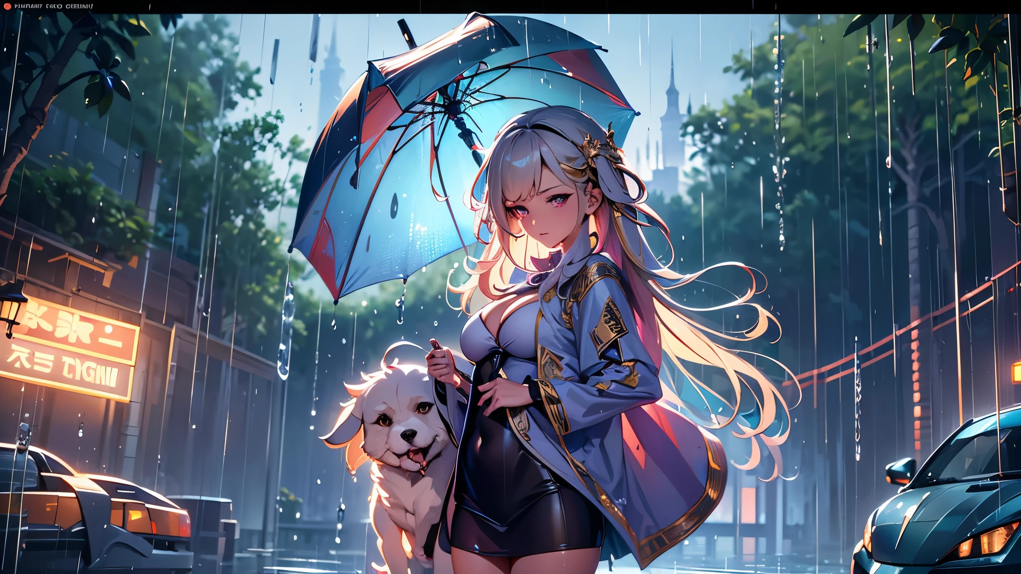 full body portrait of a photo realistic beautiful girl, 1 girl and 1 cute dog, facing forward, waifu, flowing hair, short modern rain protection clothing holding an umbrella, big beautiful flirtateous open eyes, standing straight, cinematic lighting, relaxing raining weather at night time environment in a vibrant forest with a view of the night sky, highly detailed, digital painting, trending on artstation, pixiv, concept art, sharp focus, illustration, art by ross tran and wlop, Glowing eyes, Best quality, good lighting, large breasts with cleavage, seductive face, Masterpiece, highres,sharp focus,(ultra detailed,extremely detailed),(photorealistic artwork:1.37),(extremely detailed CG unity 8k wallpaper),(((vibrant colors,vibrant theme))),(intricate),(masterpiece),(best quality), girl is playing with a cute small dog under the umbrella