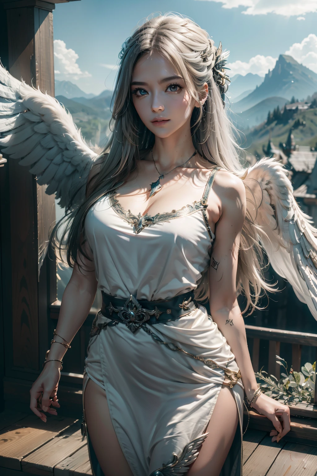 1 girl, solo, official art, unity 8k wallpaper, super detailed, prettify、beautiful, master piece, highest quality, Photoreal, female angel、There are six large white wings on the back:2.0、Wings of a bird of prey、Blazing Angel、Silver armor:2.0、Silver Gauntlet、Silver Sollet、White fabric、Hair ornament with small wings、Valkyrie、Very large wide sword、Circle of Shining Angels、angelic halo:2.0、magic of light、Depth of bounds written, great atmosphere, calm color palette, soft shading、You can see the forest in the distance、See remote mountain castles、grace、Looks like a whole body、big breast figure、big and full breasts、wide waist、floating in the air:2.0、fly in the sky:2.0、Fry high in the air、grassland sky、You can see the castle on the hill in the distance