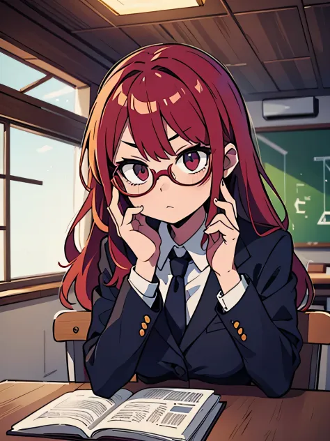 in a classroom setting, スーツを着たredheadの人, wearing glasses, looking down with a disdainful expression. Capture a dismissive attitu...