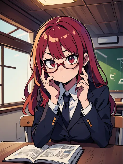 In a classroom setting, a red-haired individual in a suit, wearing glasses, looking down with a contemptuous expression. Capture...