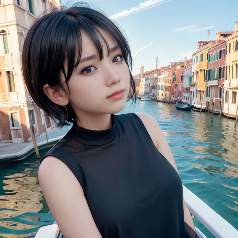 beautiful girl,venice,Canal and ship in the background,building,reflection of the sun on the glass window,halation,black shirt,gentle smile,big enchanting eyes,black hair,bob hair,baby face,Highlights in the eyes,sparkle,cheek,white skin,The wind is blowing,big sky,sunrise,dynamic angle,dynamic lighting,perfect composition